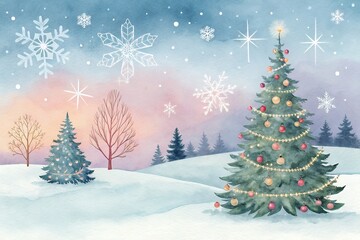 Obraz premium Watercolor Christmas Tree Winter Landscape Background