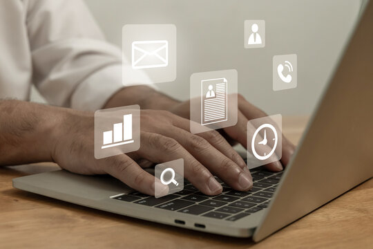 HR administration working on laptop computer with virtual graphic document report diagram, human resources, employee contract, job interview, business finance technology, job interview concept