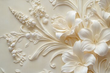 Ornate floral relief sculpture design on a cream-colored surface.