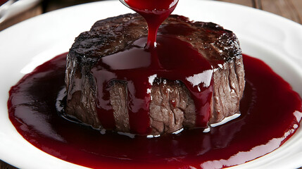 Delicious beef fillet steak drizzled with rich red wine reduction sauce, close-up shot on white plate.