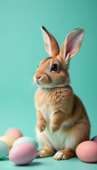 Fototapeta premium Stylish bunny in shades displays pastel Easter eggs against teal , cute, stock, image