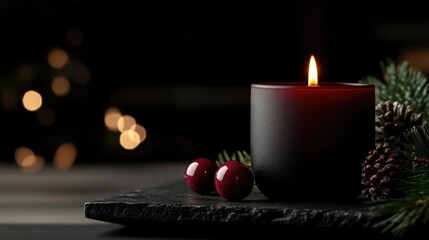 Dark burgundy candle, festive ambiance