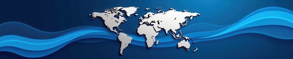 Stylized silver world map, flowing blue wave backdrop Abstract, sophisticated design , graphic, swirl