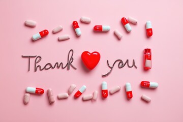 International's nurses day, week concept, Text Thank you by tablets and red heart on pink background.