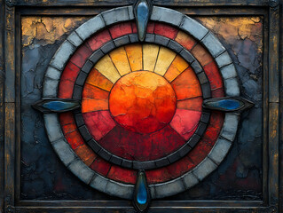 Fototapeta premium A circular artwork in a weathered frame with a sun-like center radiating warmth and cool tones