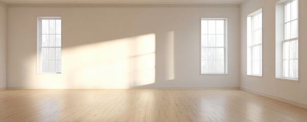 Fototapeta premium Empty sunlit room with wooden floors and large windows letting in natural light.