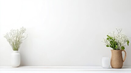 Two rustic vases with delicate white flowers and greenery on a minimalist white shelf, and simple and elegant home decor arrangement.