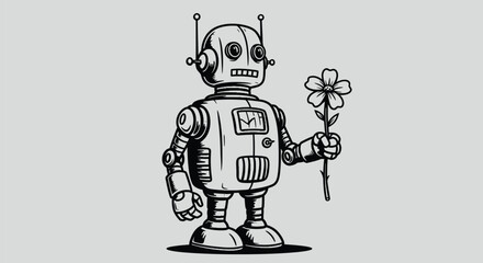 Retro Robot with Flower, Black and White Vector