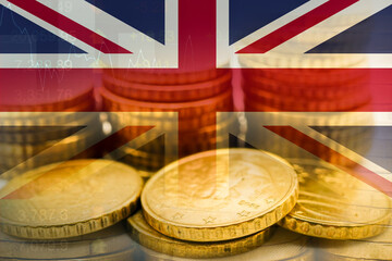 UK United Kingdom flag with stock market finance, economy trend graph digital technology.