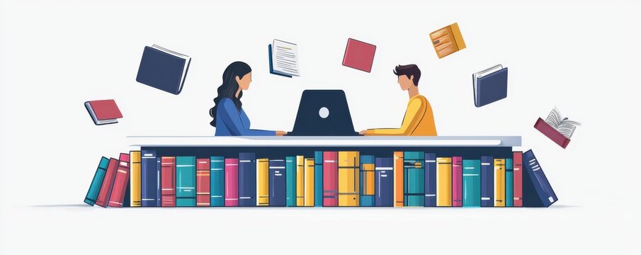 Illustration of two students collaborating with books and laptop in a library