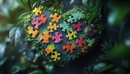 Colorful puzzle pieces forming a heart in nature.