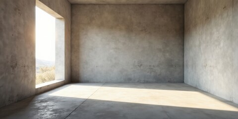 Empty concrete room with a large window showcasing a sunlit landscape view