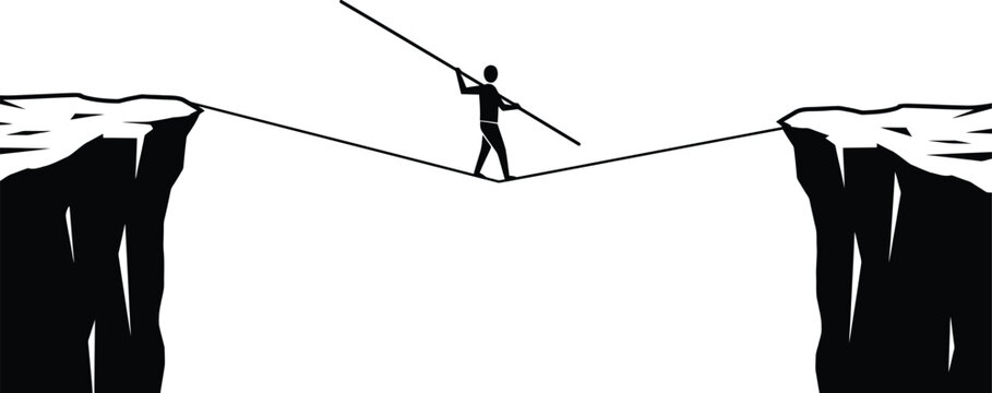 Tightrope Walker Between Cliffs - Risk and Focus