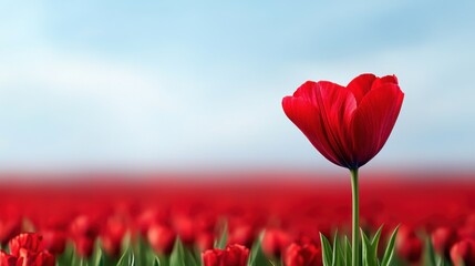 Naklejka premium Vibrant Red Tulip Stands Tall Against a Beautiful Blue Sky Background