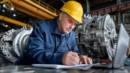 Precision and Proficiency: A skilled technician meticulously documents technical specifications, flanked by the intricate machinery that underscores the core of modern industry.