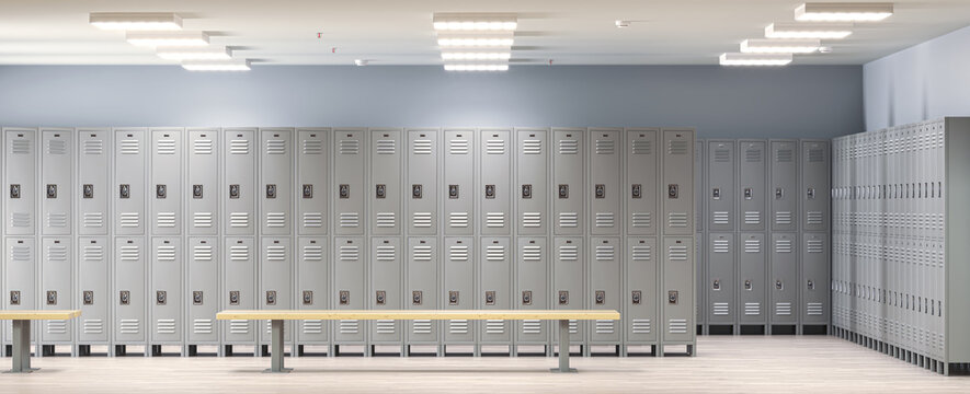 Metal school lockers with combination locks and benches in an empty locker room 3d