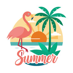 Summer vacation tropical flamingo beach palm tree sunset design for travel and holiday destinations concept isolated on transparent background
