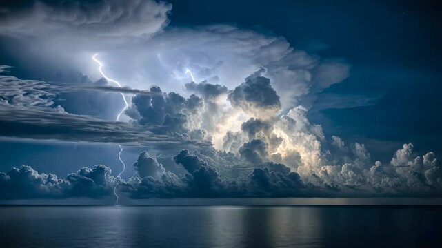 Dramatic thunderstorm over calm water. Vast, stormy clouds filled with intense lightning illuminate the night sky above a still ocean