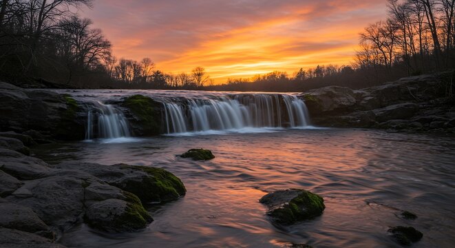 Scenic waterfall landscape with orange sky and flowing water during sunset