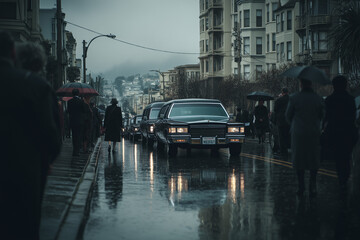 funeral procession with hearse