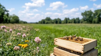Honeybees on a beehive in a field of wildflowers under a partly cloudy sky