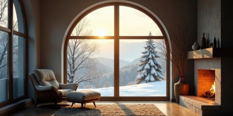 Relaxing Winter Scene Cozy Armchair by Fireplace with Stunning Mountain View Through Large Arch Window