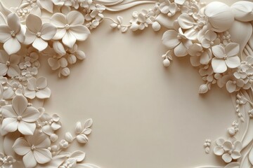 Ornate floral relief design in a light beige frame.