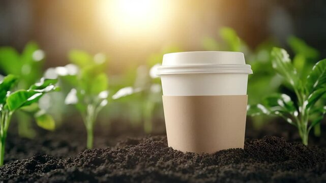 Eco coffee cup in soil with eco coffee cup concept for eco coffee cup awareness in sustainable farm environment  biodegradable coffee cup concept