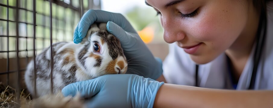 Veterinarian carefully examines a spotted rabbit inside of a cage