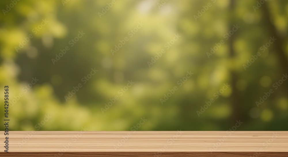 Poster a wooden table with a view of a forest