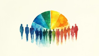 Diverse group of people surrounding a colorful pie chart