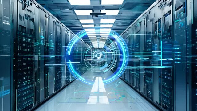 Blue light pulses across data center racks. Server infrastructure supports cloud system technology. Advanced network processes digital storage internet transfer using optimized server hardware system