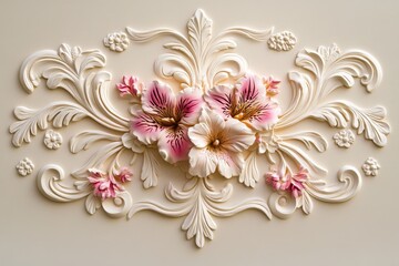 Ornate floral relief carving on a cream colored wall.