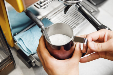 Preparing Frothy Milk Using Professional Cappuccino Machine for Coffee Beverages