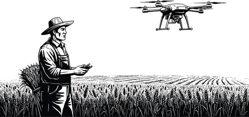 Modern Farmer, Wheat Field, Technology, Black and White Vector © Tharindu