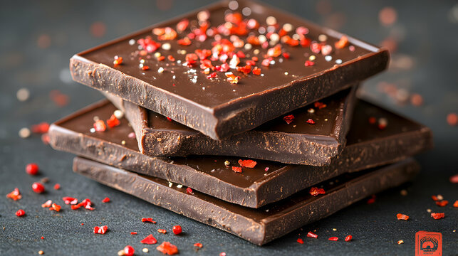 Gourmet dark chocolate bars sprinkled with chili flakes, close-up shot.  Rich, decadent dessert image.
