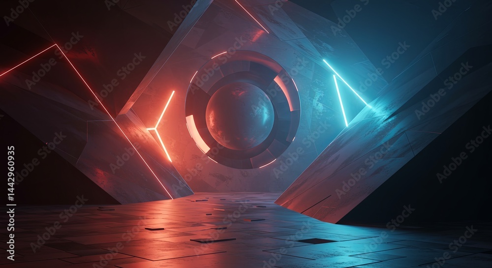 Poster a futuristic space with a glowing orb in the center