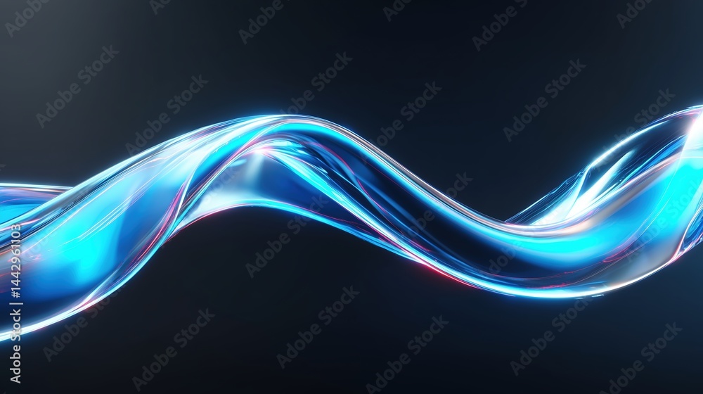 Poster abstract blue glowing wave with neon light effect on dark background, futuristic 3d rendered wavy sh