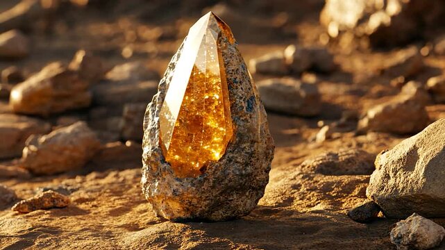 A gem, amber-like, embedded in a rough stone, resting on a rocky terrain