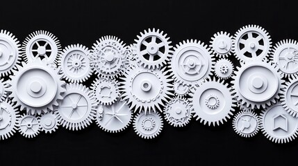 Work Planning and Goal Setting Concept. Set of White Gears and Cogs on Black Background for Industrial and Mechanical Concepts