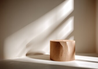 Minimalist wooden stool in a sunlit room with striking shadows on a neutral wall.