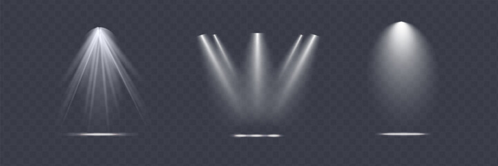 The spotlight shines on the stage. Spotlight set. Llight from a lamp or spotlight. White projector. Lighted scene. Podium under the spotlight.