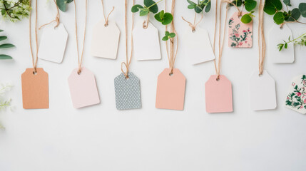 Holiday: Gift tags decorated with greenery and various colors, design for print, card, poster