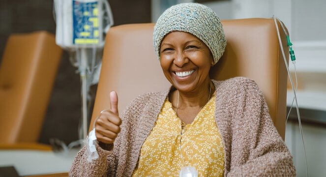 Happy Black senior female cancer patient giving thumbs up in hospital infusion chair. Smiling African American woman smiling during chemotherapy treatment. National Cancer Survivors day