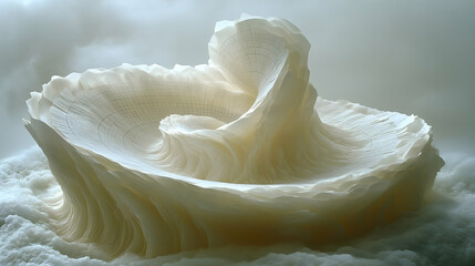 An abstract white paper sculpture with grid pattern sits atop fluffy white clouds fading into the foggy background