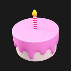 3D vector illustration of a pink birthday cake with dripped icing and a single striped candle, set against a simple background. The cake conveys celebration and festivity in a minimalist style.