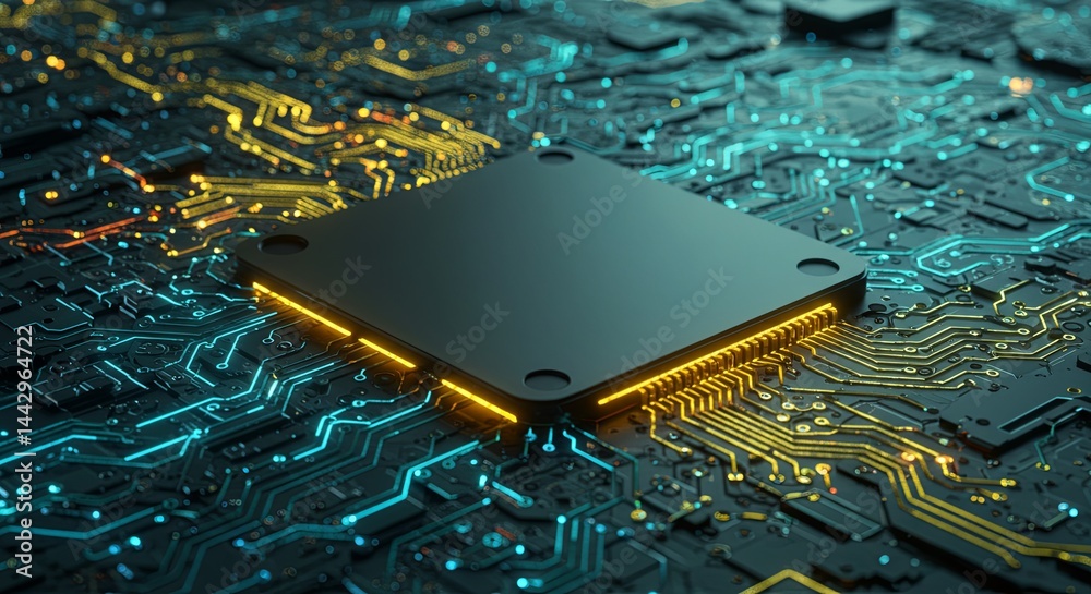 Poster A computer chip is shown in a colorful, abstract style