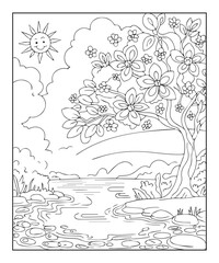 Beautiful nature scenery coloring page for kids, black line art vector illustration on white background