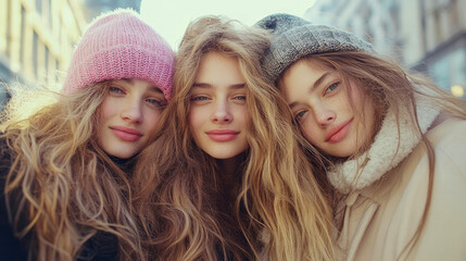 Fototapeta premium Winter Friends: A trio of young woman wearing cozy hats, exuding warmth and friendship on a chilly day.
