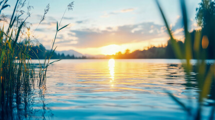 Tranquil Lake: A serene summer twilight landscape reflected on water, framed by reed